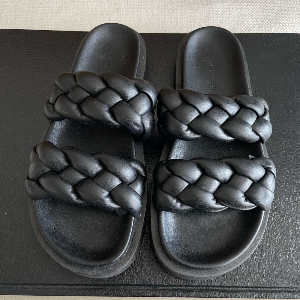 COPY - Mango black leather braided strap slide on sandals